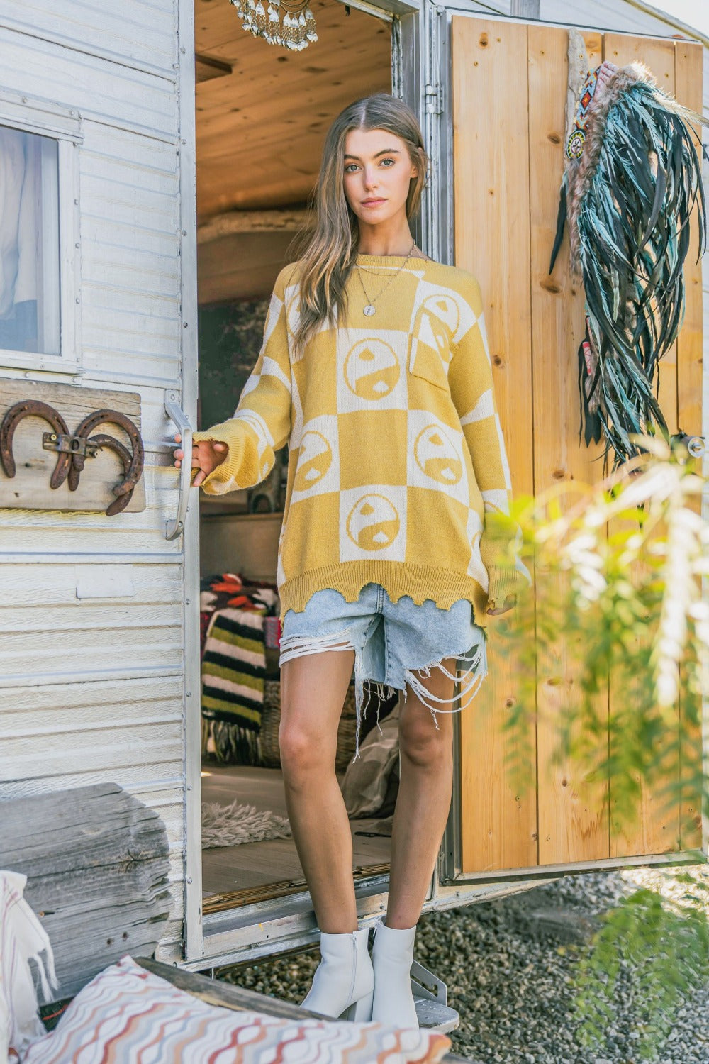 Maxct &And The Why Checkerboard Sweater with Yin Yang Pattern