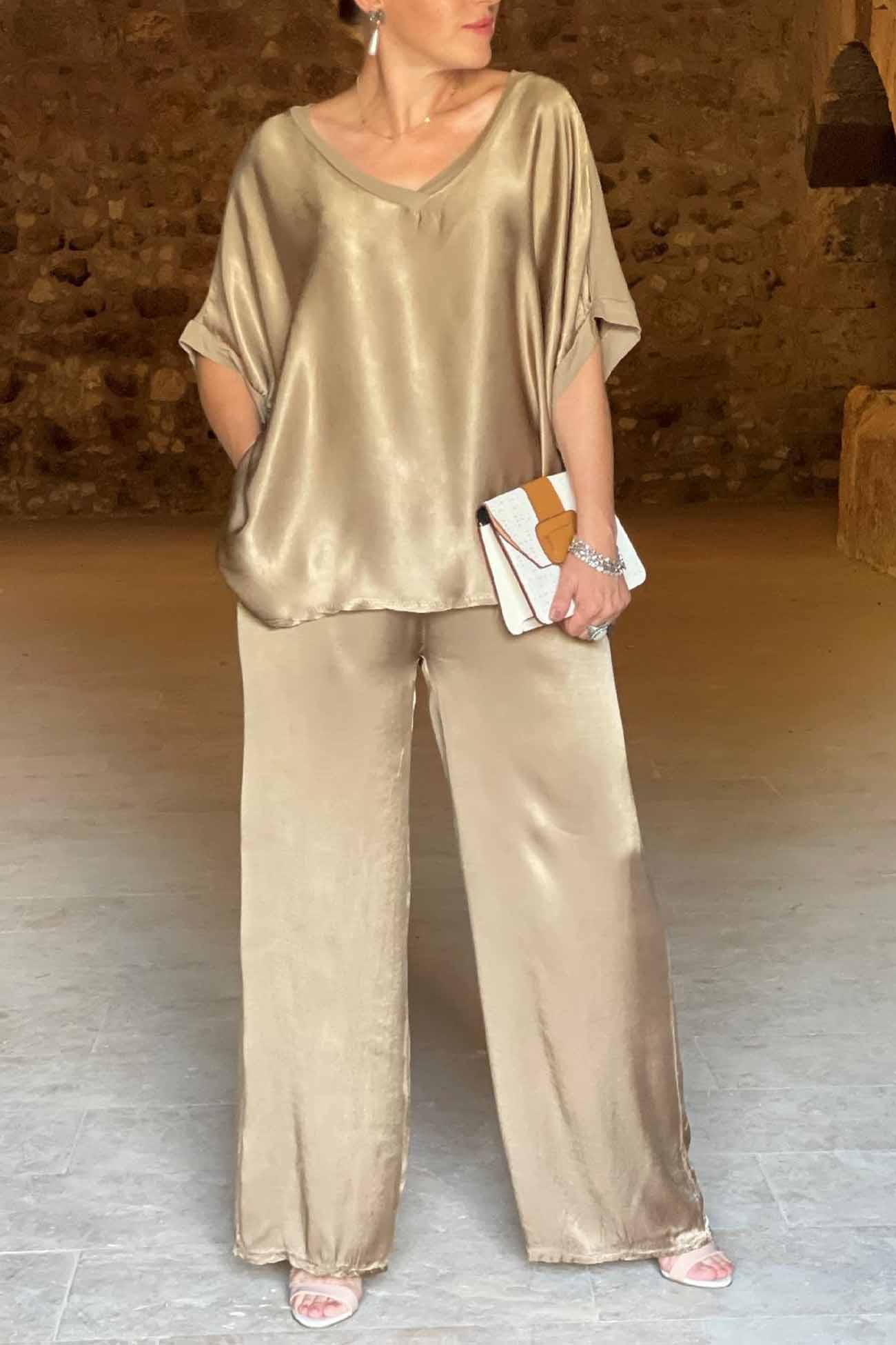Maxct Satin V Neck Half Sleeve Long Pant Set