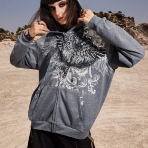Maxct Zipper cardigan hooded European and American style Y2K retro loose version personalized street eagle print women's sweatshirt