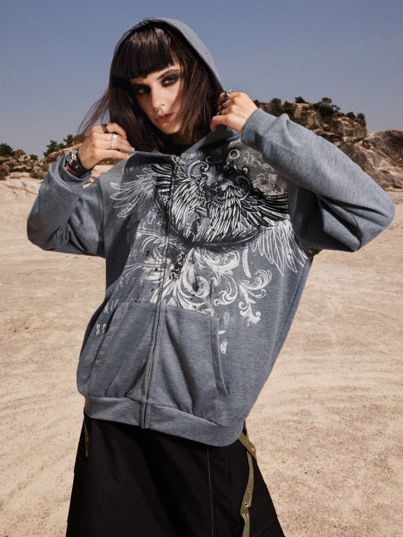 Maxct Zipper cardigan hooded European and American style Y2K retro loose version personalized street eagle print women's sweatshirt