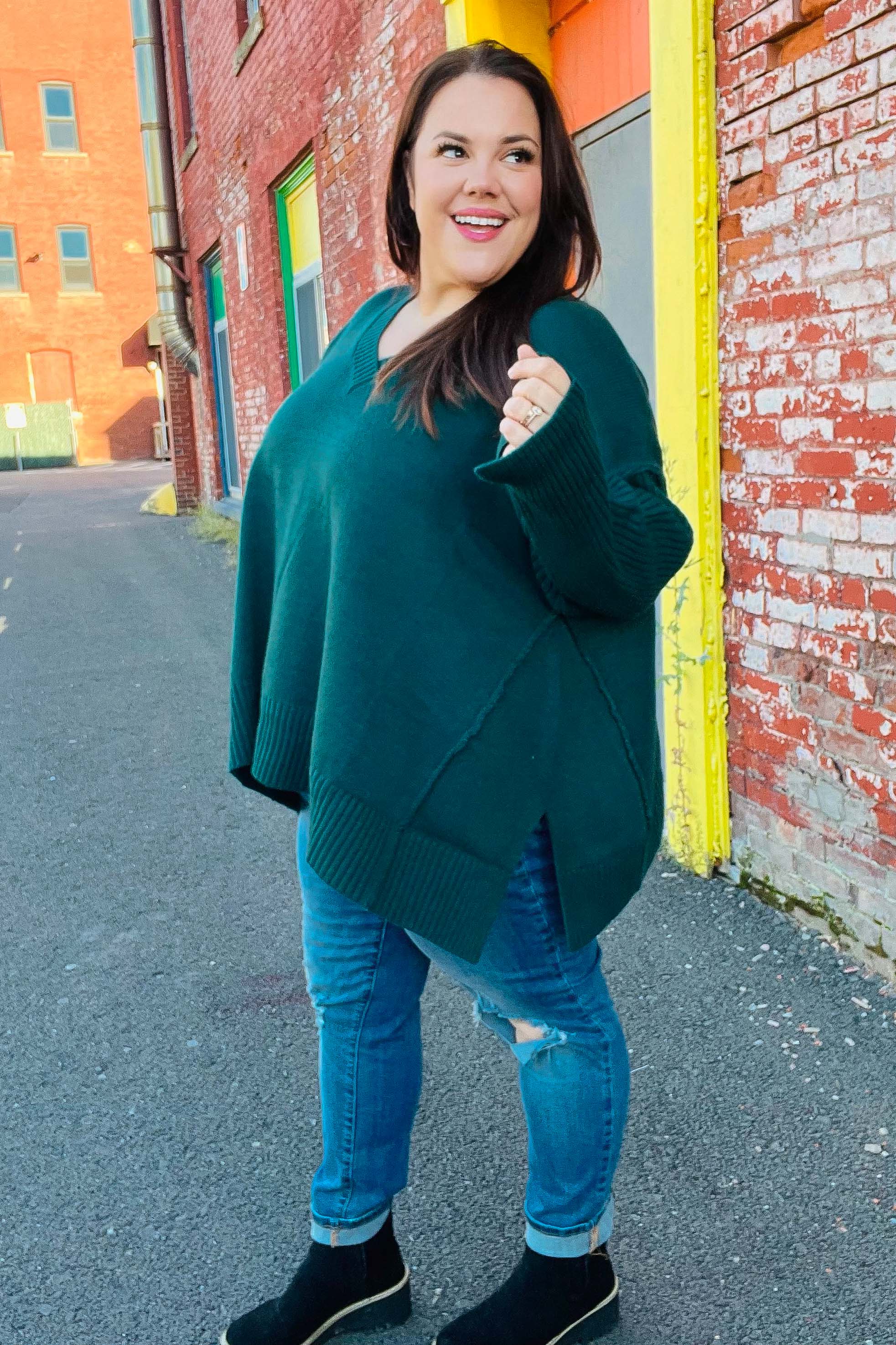 Maxct &Casual Chic Hunter Green Oversized V Neck Rib Knit Sweater