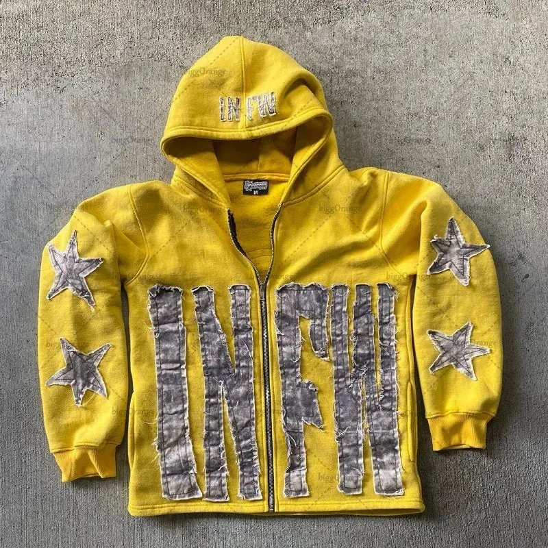 Maxct 90s Streetwear Trendy Brand Crying Face Letter Embroidered Zipper Hoodie Men Y2k Retro Harajuku Jacket Hip-hop Rock Casual Oversized Sweatshirt