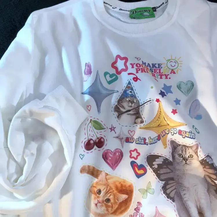 Maxct Kawaii Cat Print Hoodie Women Cutecore Long Sleeve Sweatshirt American Retro E-girl Kitten Angel Graphic Alt Clothes Y2k