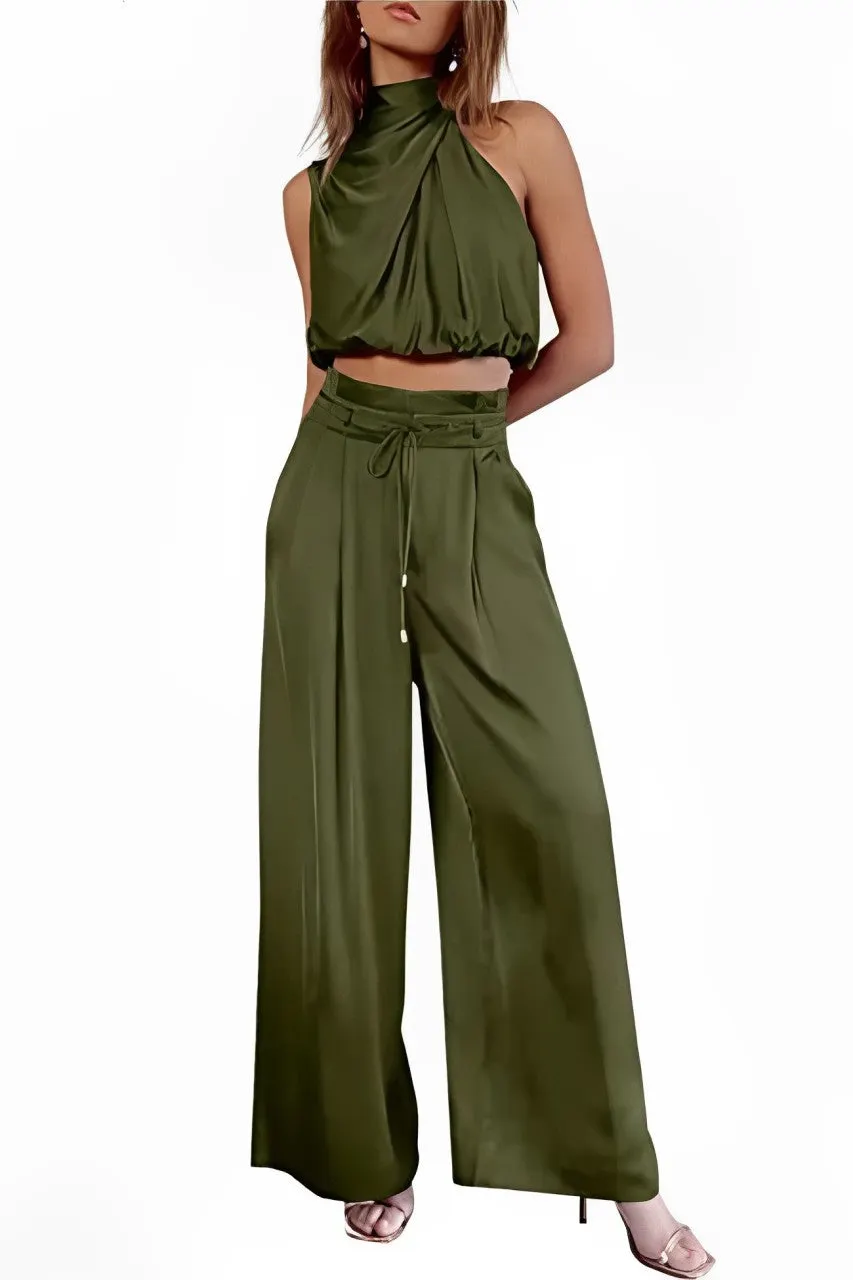 Maxct Satin Mock Neck Crop Top Pants Suits - Image 7