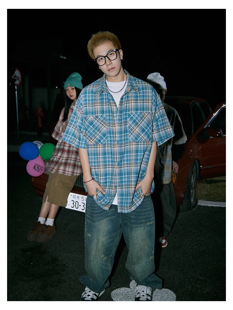 Maxct 90s Streetwear Japanese Niche Plaid Short-sleeved Shirt Men's Summer New Loose Trendy Brand All-match Shirt Couple's Coat Top