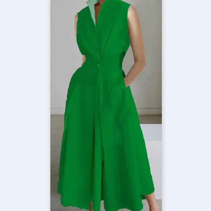 Maxct Dress 2024 Summer New Commuter Fashion Solid Color V-neck Women's Button Swing Dress