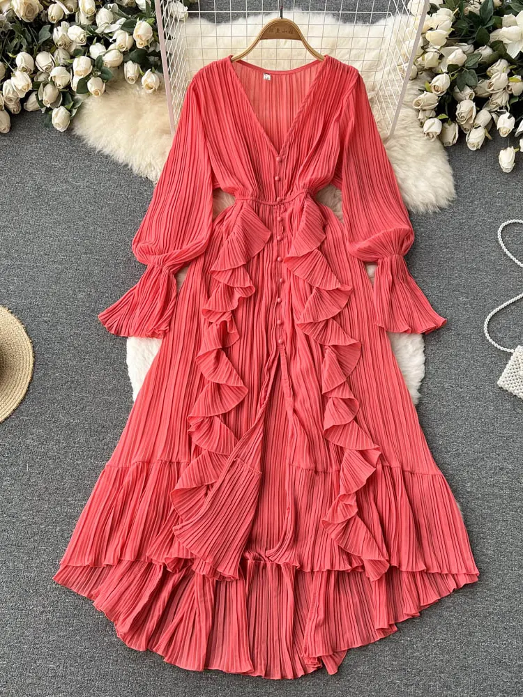 Maxct Maxct Chiffon Pleated Long Dress Women Vintage V-Neck Flare Sleeve Draped Ruffle Vestido Female Maxi Robe Spring Fall 1215-1