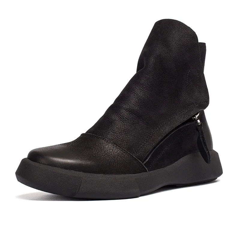 Soft Cowhide Retro Chunky Ankle Boots Black/Coffee Maxct