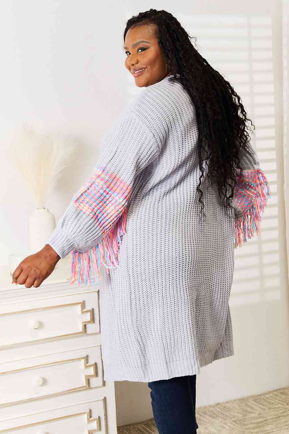 Maxct &Woven Right Fringe Sleeve Dropped Shoulder Cardigan