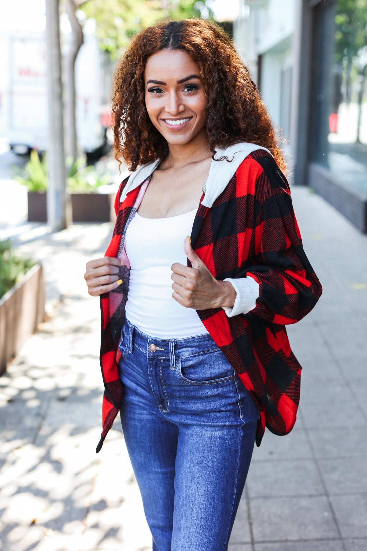Maxct &Stepping Out Red Buffalo Plaid Ribbed Hooded Sweater