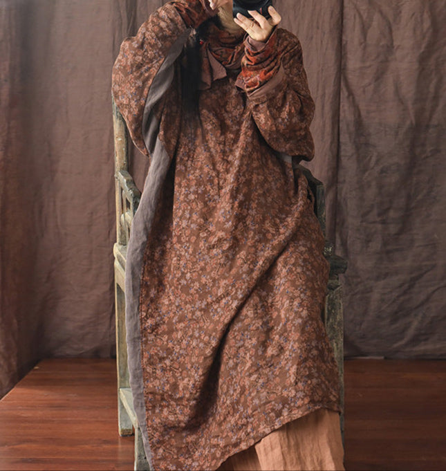 Vintage Distressed Floral Printed Mid-Length Linen Dress