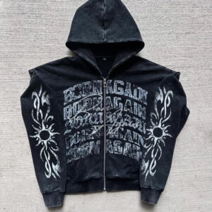 Maxct American Retro Gothic Rock Letter Print Hoodie Men's Y2K Streetwear Harajuku Loose Casual Zipper Sweatshirt Couple Style Clothes
