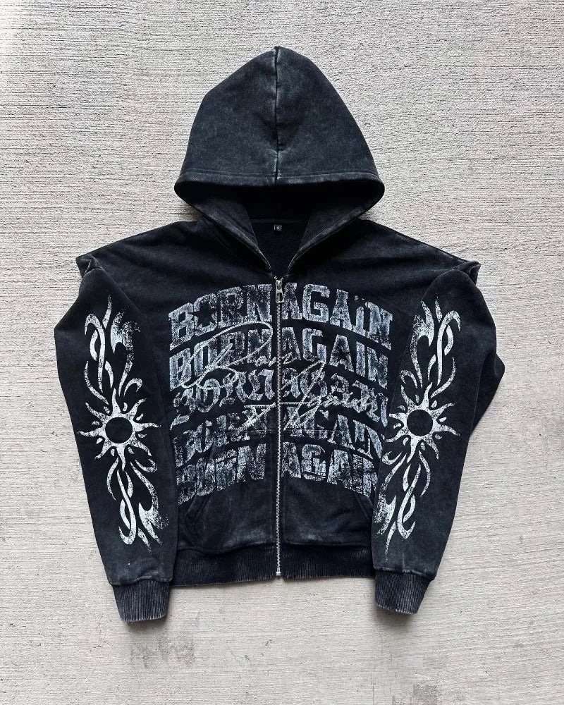 Maxct American Retro Gothic Rock Letter Print Hoodie Men's Y2K Streetwear Harajuku Loose Casual Zipper Sweatshirt Couple Style Clothes