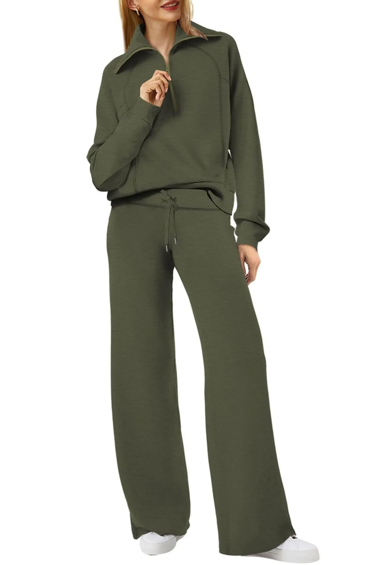 Maxct Lapel Zip-up Sweatshirt Wide Leg Long Pants Set