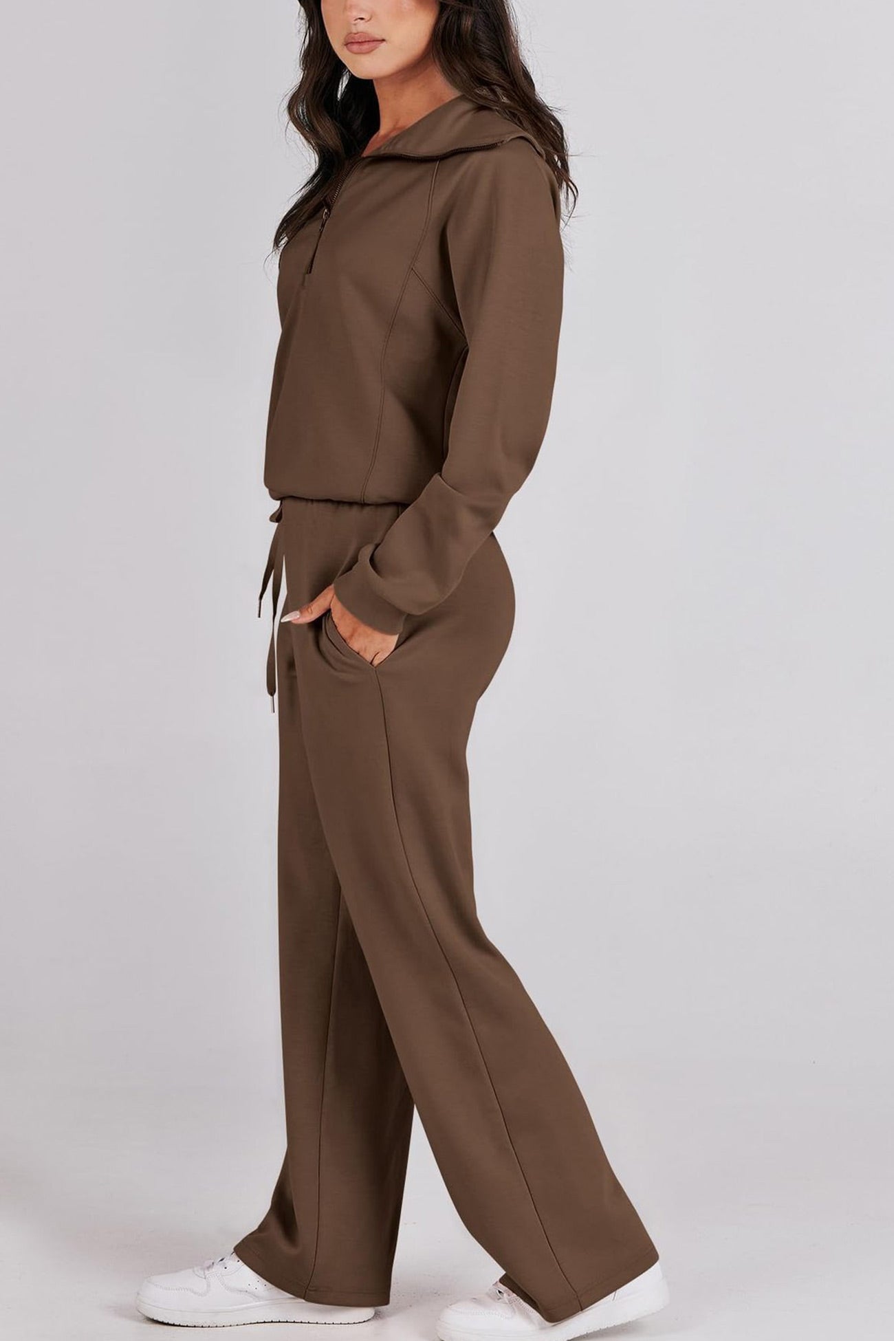 Maxct Lapel Zip-up Sweatshirt Wide Leg Long Pants Set