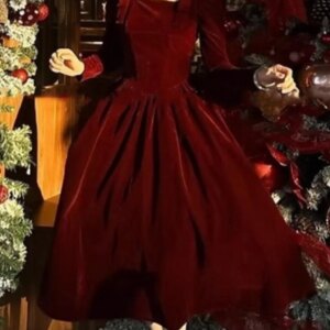Maxct Winter Vintage Christmas Red Velvet Dress French Elegant Square Collar Evening Party Prom Vestidos Women Clothes