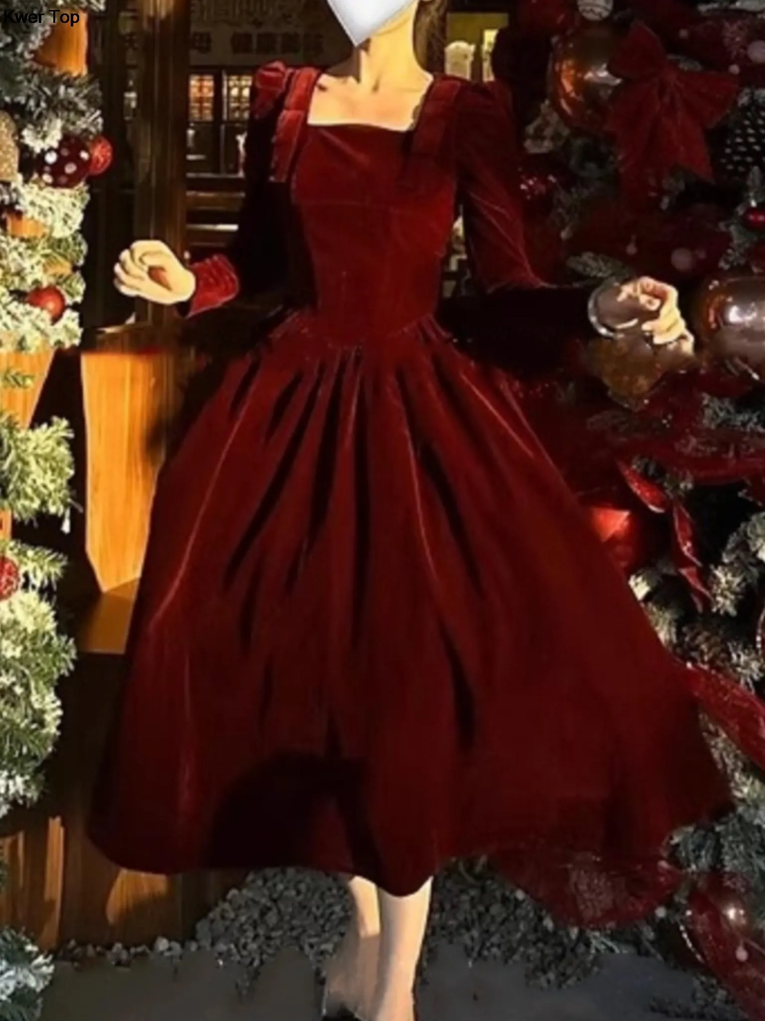 Maxct Winter Vintage Christmas Red Velvet Dress French Elegant Square Collar Evening Party Prom Vestidos Women Clothes