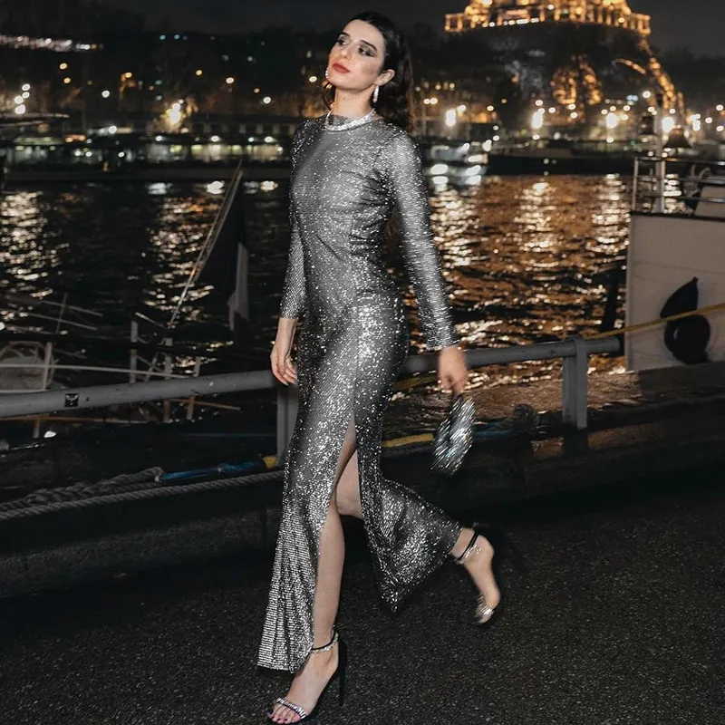 Sexy See Through Sheer Mesh Dress Elegant Solid Color Diamonds Slit Long Sleeves Dresses Party Club Lady Long Vestidos