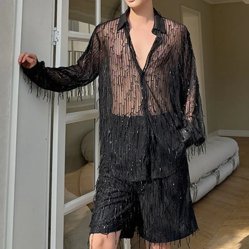 Maxct Summer Stage Tassels Sequins Tops Shorts Suits