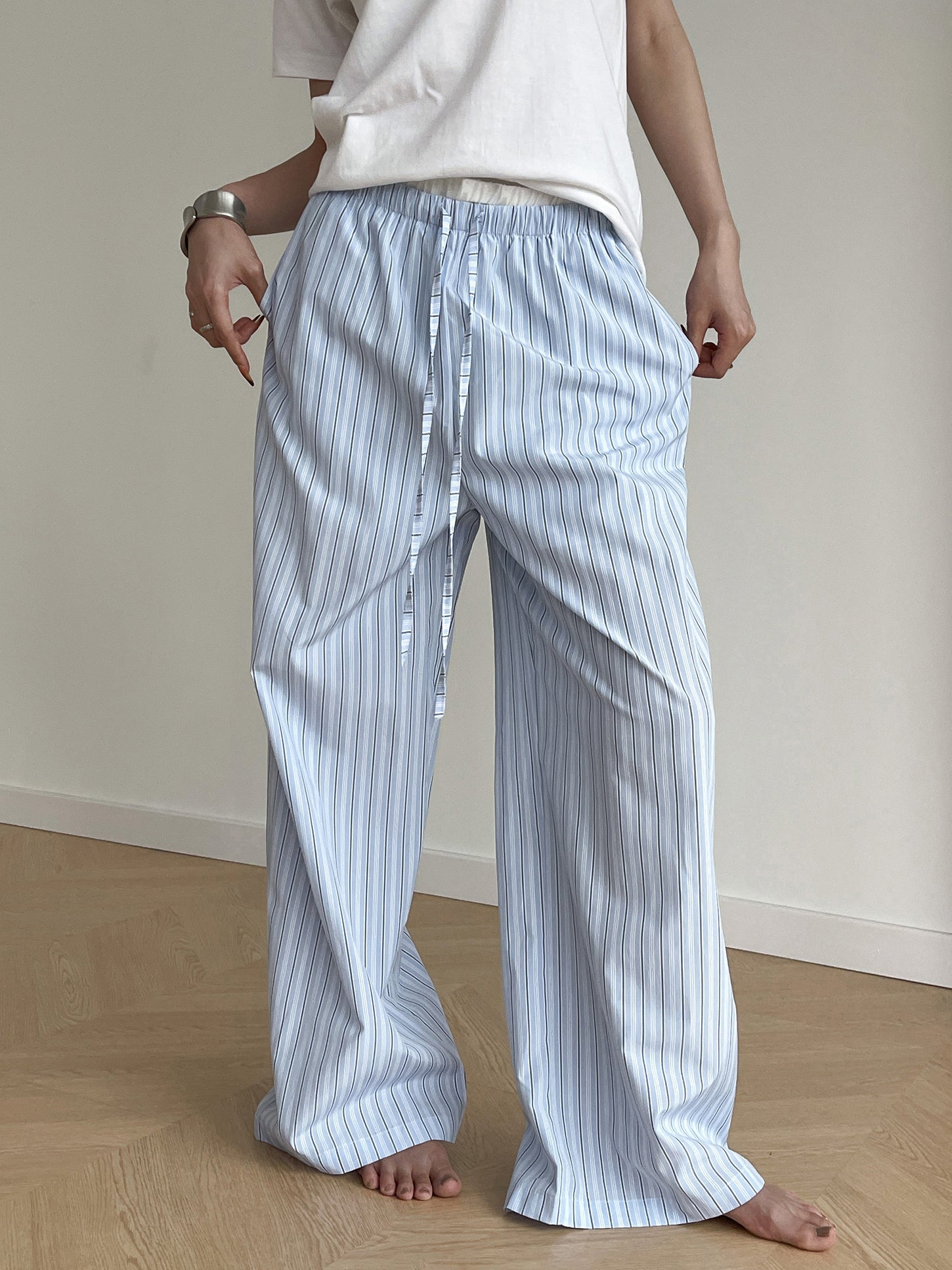 Maxct Stripe Loose Double-Waisted Tie Front Pants