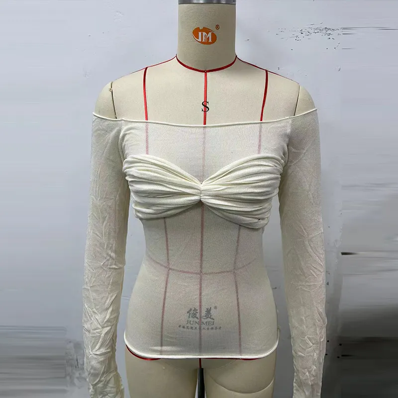 Maxct Sexy Transparent Off Shoulder Shirts Women Slim Fit Solid Perspective Thin T-Shirt Female Autumn Chic Elegant Daily Tops