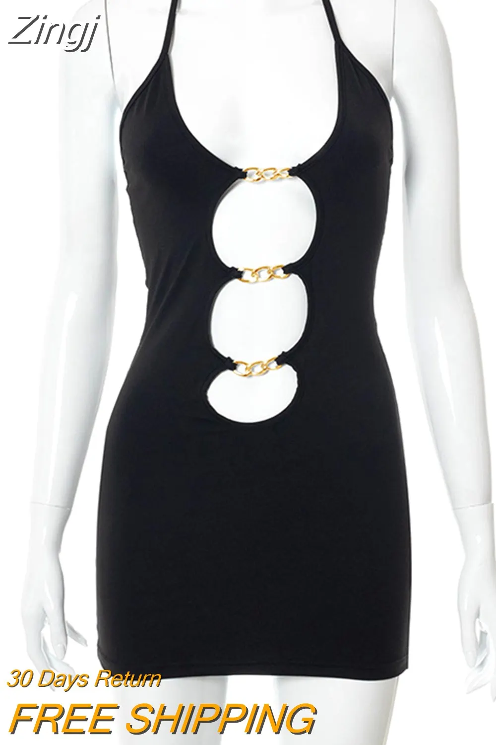 Maxct Halter Sexy Lace Up Mini Dress Party Club Outfit Cut Out Metal Ring Ties Bodycon Dresses Summer Chic Harajuku Clothes