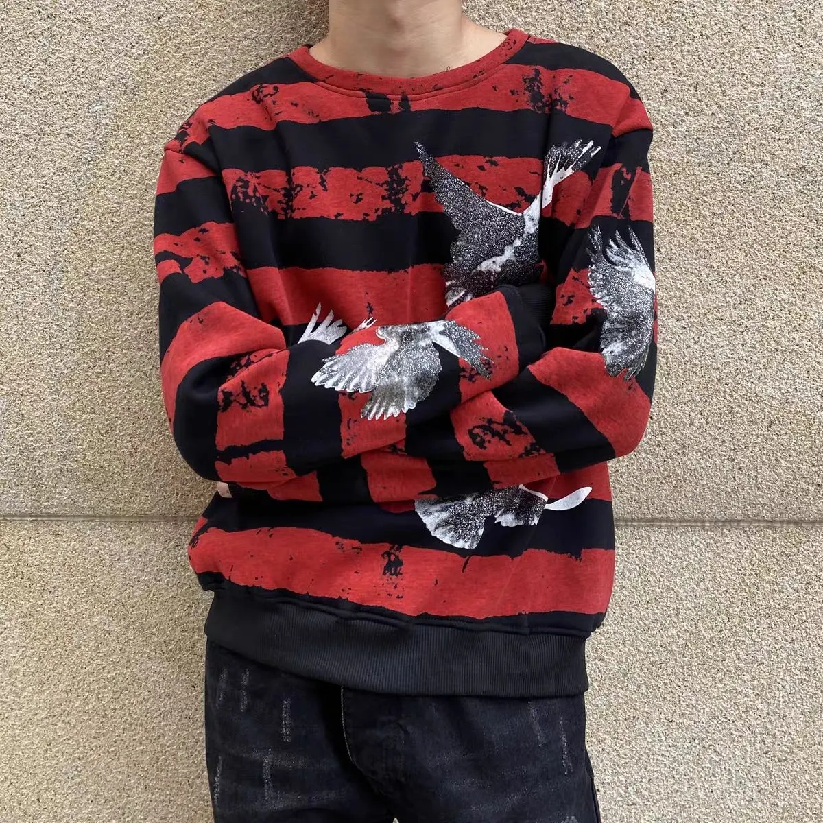 High street-inspired pigeon-print long-sleeved pullovers sweatshirts men women street tie-dye stripe panels versatile harajuku