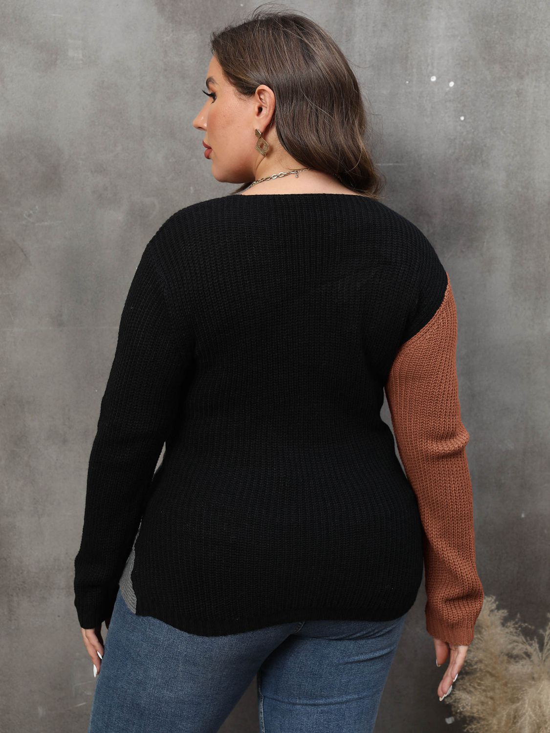 Maxct &Plus Size Two-Tone Surplice Neck Sweater