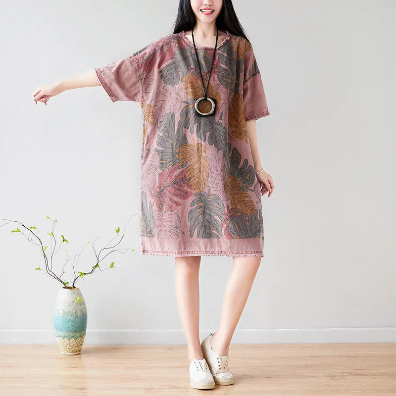 Summer Casual Floral Printed Cotton T-Shirt Dress
