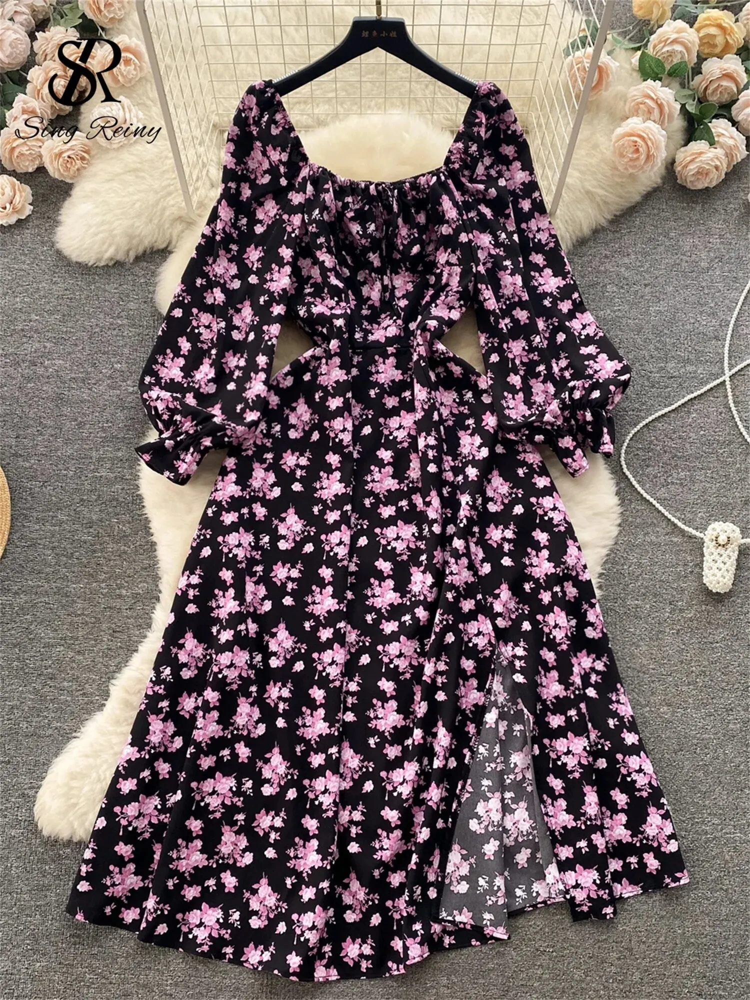 Maxct Summer Chiffon Split Midi Dress Women Square Collar Puff Sleeve Elastic Waist Gentle Korean Flora Print Sexy Dress