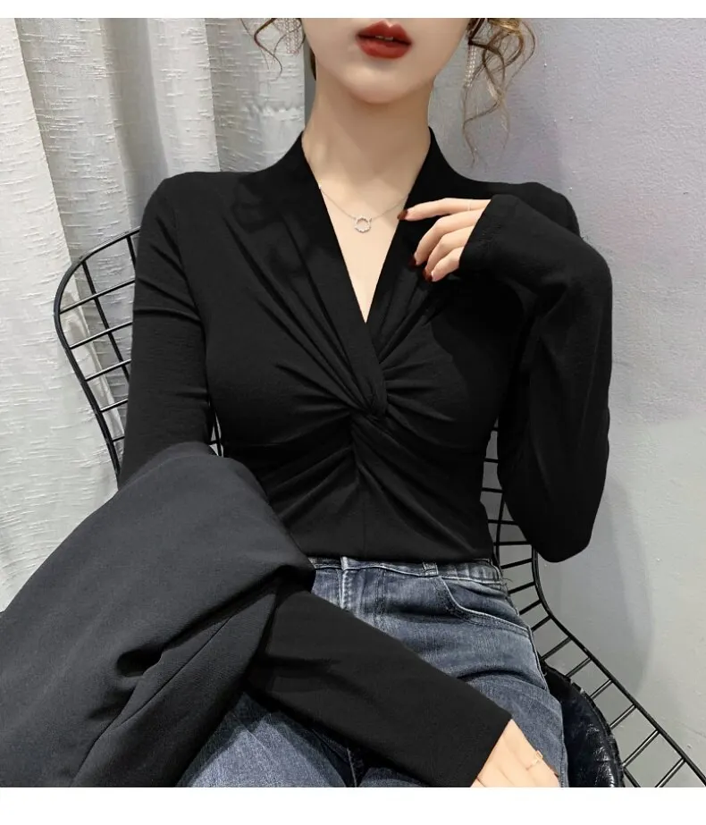 Maxct High Stretchy Tee Women's Full Sleeve Criss-Cross V-neck Tshirt Soft Sheath T-shirts Tops for Female