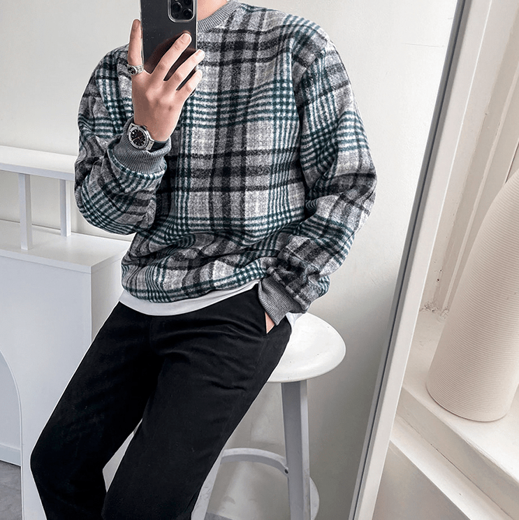 Maxct 6164 Knitted Crewneck Plaid Sweater