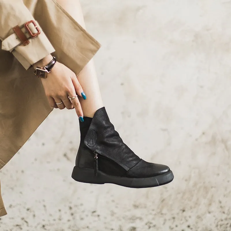 Soft Cowhide Retro Chunky Ankle Boots Black/Coffee Maxct