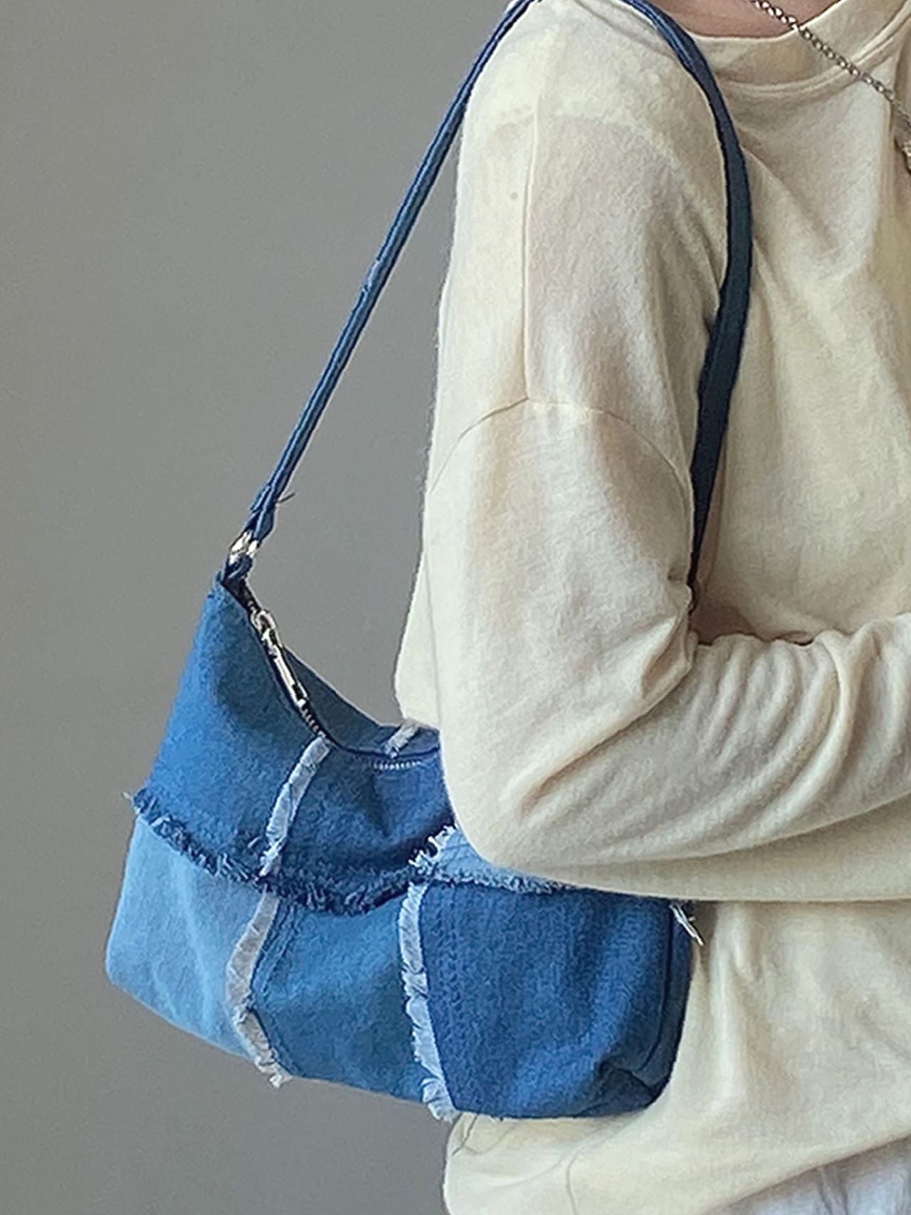 Bag For Love - Denim Raw Trim Baguette Bag  - Women Maxct Bags