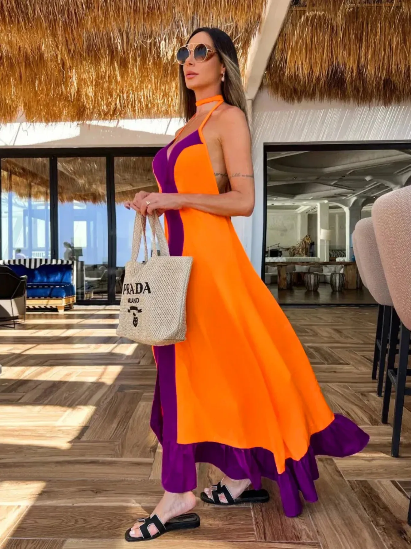 Maxct New Elegant Women Maxi Dress Halter Sleeveless Backless Casual Loose Robe Summer Beach Holiday Tie Up Dress