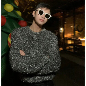 Maxct Metallic Silver Sequin Round Neck Sweater