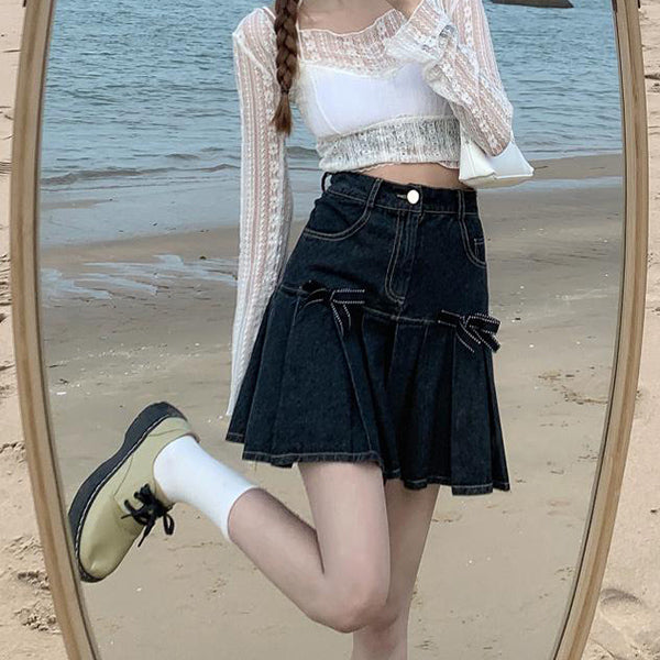 Bow Denim Pleated Skirt Maxct