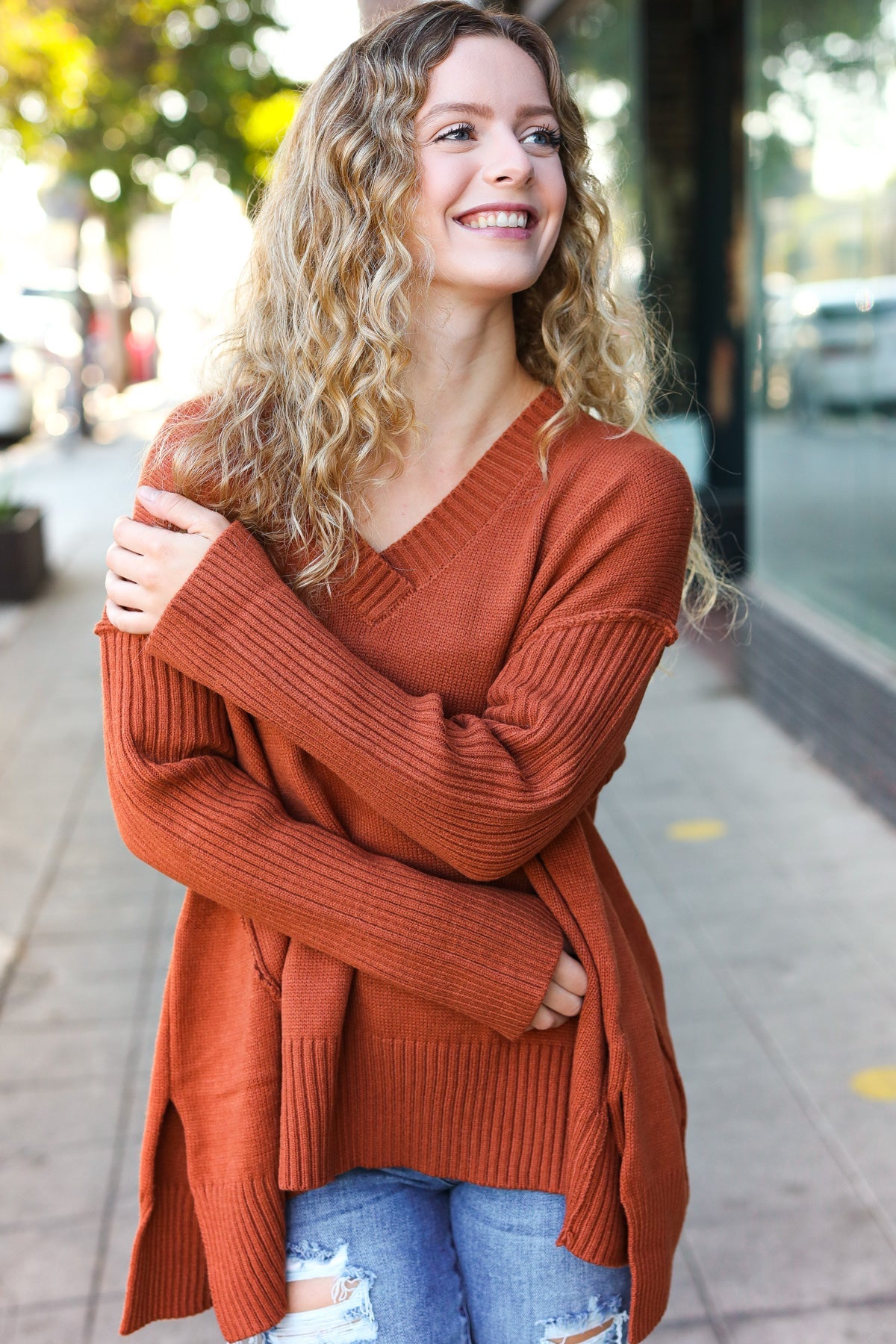 Maxct &Casual Chic Rust Oversized V Neck Rib Knit Sweater