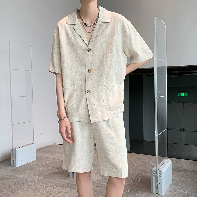 Maxct Vintage Cotton Linen Shirt Shorts Two-Piece Set