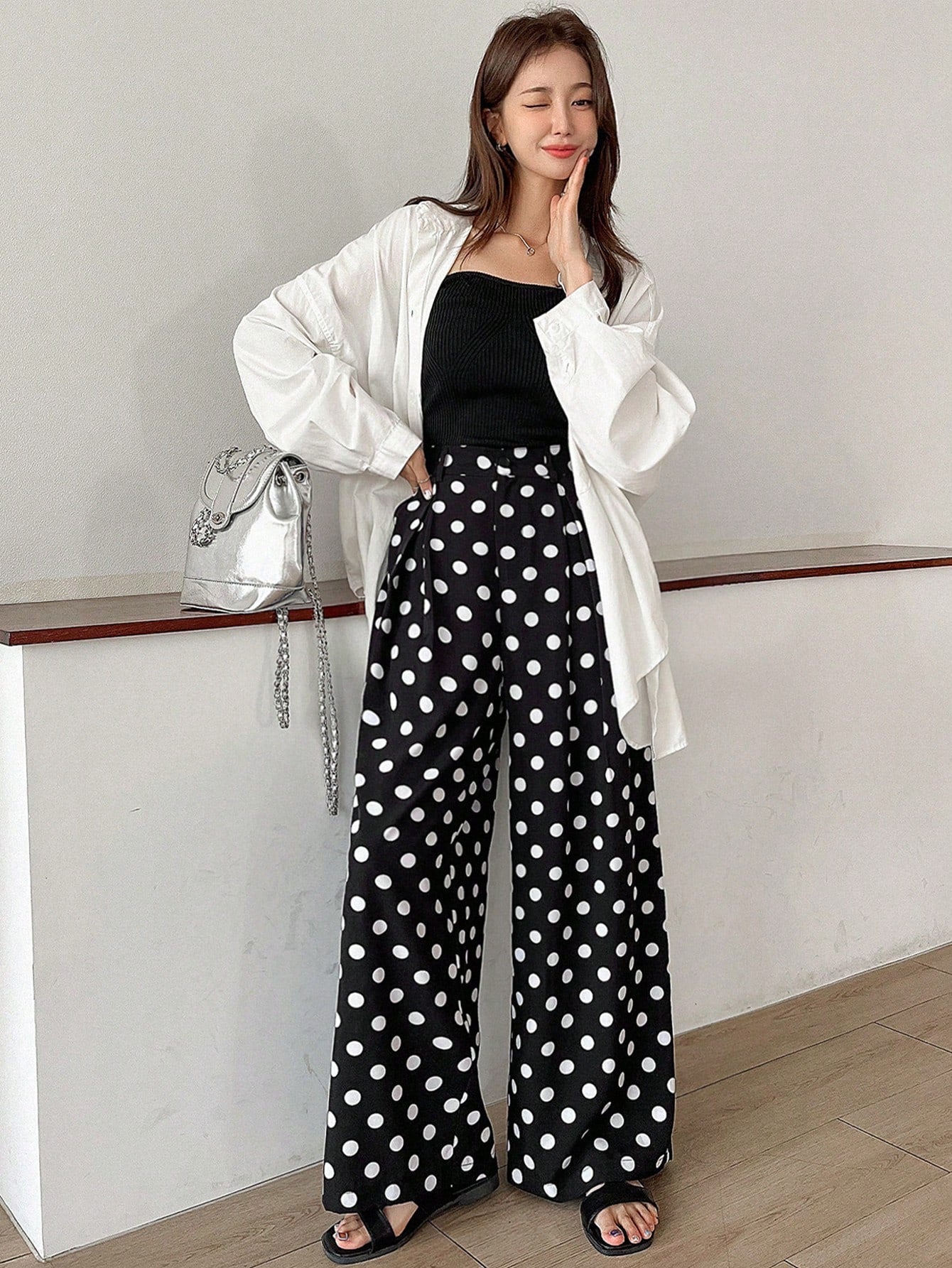Maxct Polka Dot Palazzo Pants Women's Suit Pants With Pockets