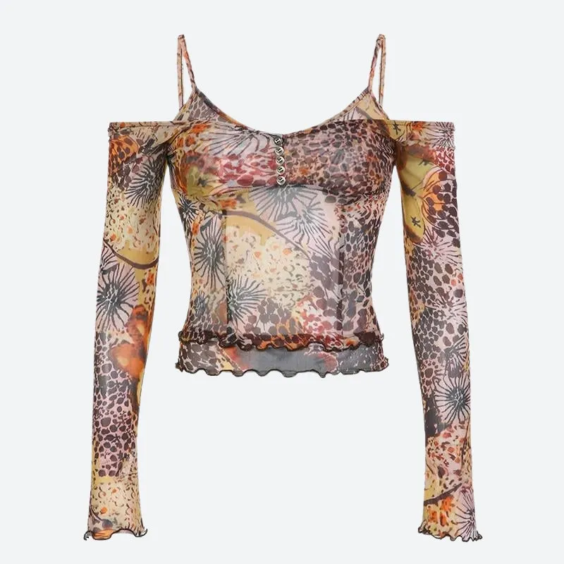Maxct &Fairycore Floral Mesh Top