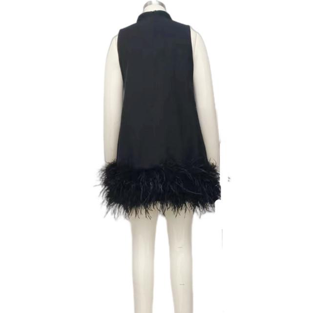 Maxct Australian Fashion Brand Design Sense Fashion Women's High Sense Spring Elegant Black Ostrich Hair Stitching Dress