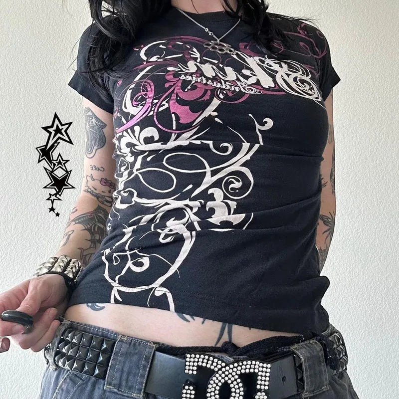 Maxct Cyber Grunge E-girl Gothic Crop Tops Women's T-shirt 00s Retro Graphic Print Short Sleeve Tees Harajuku Japanese Y2K Clothes