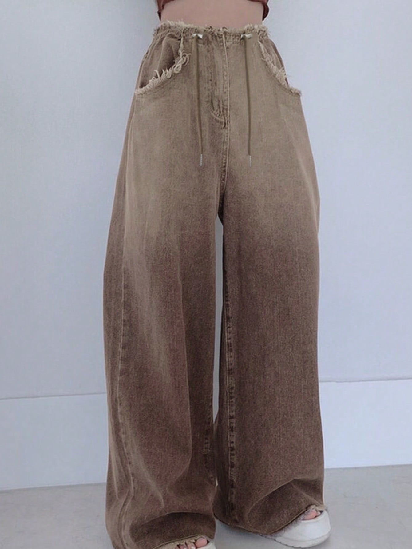 Maxct Women Frayed Bleached Wide Leg Denim Pants With Drawstring