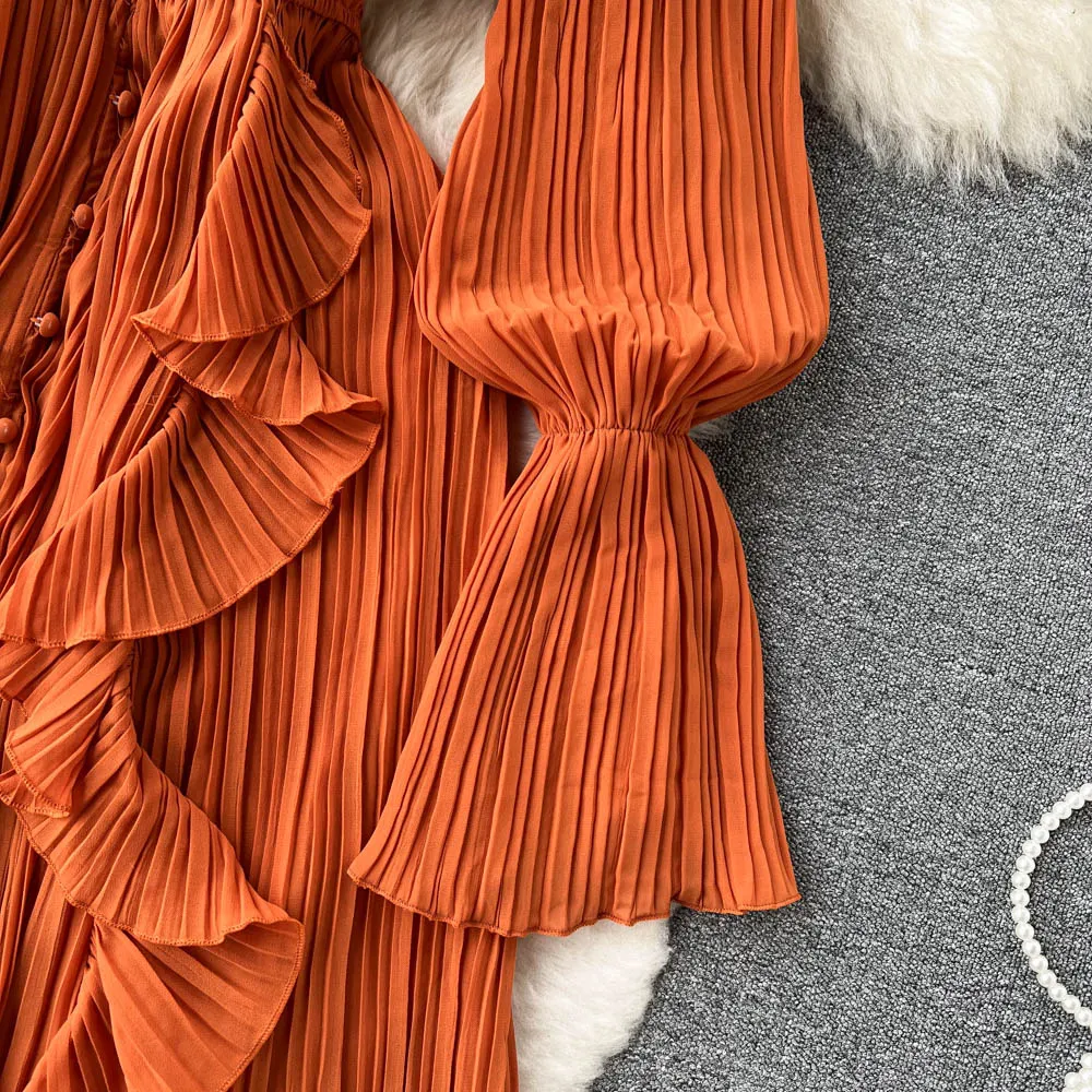 Chiffon Pleated Long Dress Women Vintage V-Neck Flare Sleeve Draped Ruffle Vestido Female Maxi Robe Spring Fall 1215-1