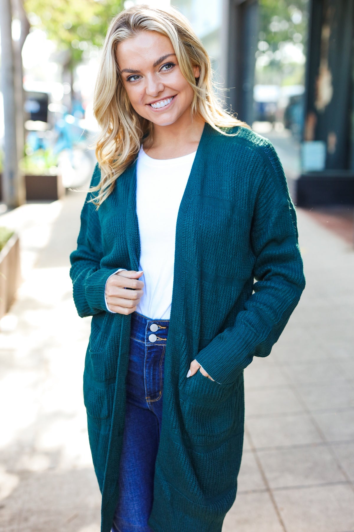 Maxct &Everyday Hunter Green Striped Knit Open Cardigan