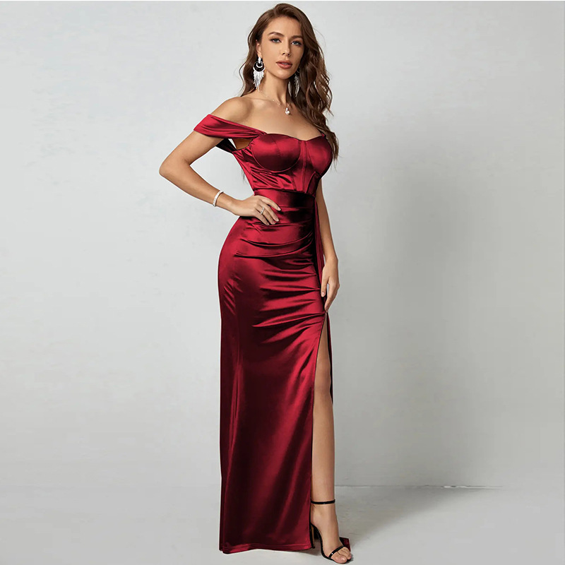 Maxct pirates vs sailors drees to impress Middle East Ins Waist Solid Color off-Neck Slit Evening Dress Fishtail Dress Long Skirt Dress