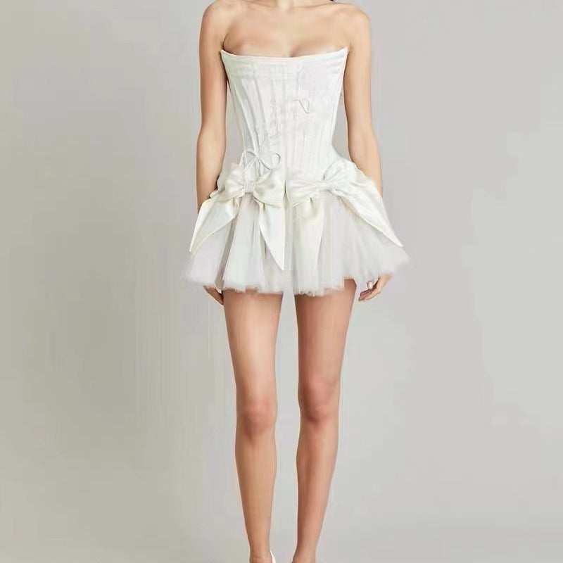 Maxct hoco dresses New Bow Mesh Fluffy Shorts Dress (Waist Seal and Zipper) (with Inner Shorts)