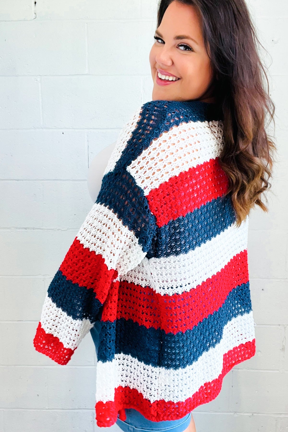 Maxct &Simply Patriotic Red White & Blue Striped Crochet Cardigan