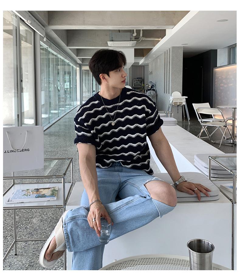 Maxct 90s Streetwear Men's T-shirt Short-sleeved Summer Trendy Brand High-grade Sense Heavy Industry Hollow Knitted Sweater Jacquard Wave Striped T-shirt Top
